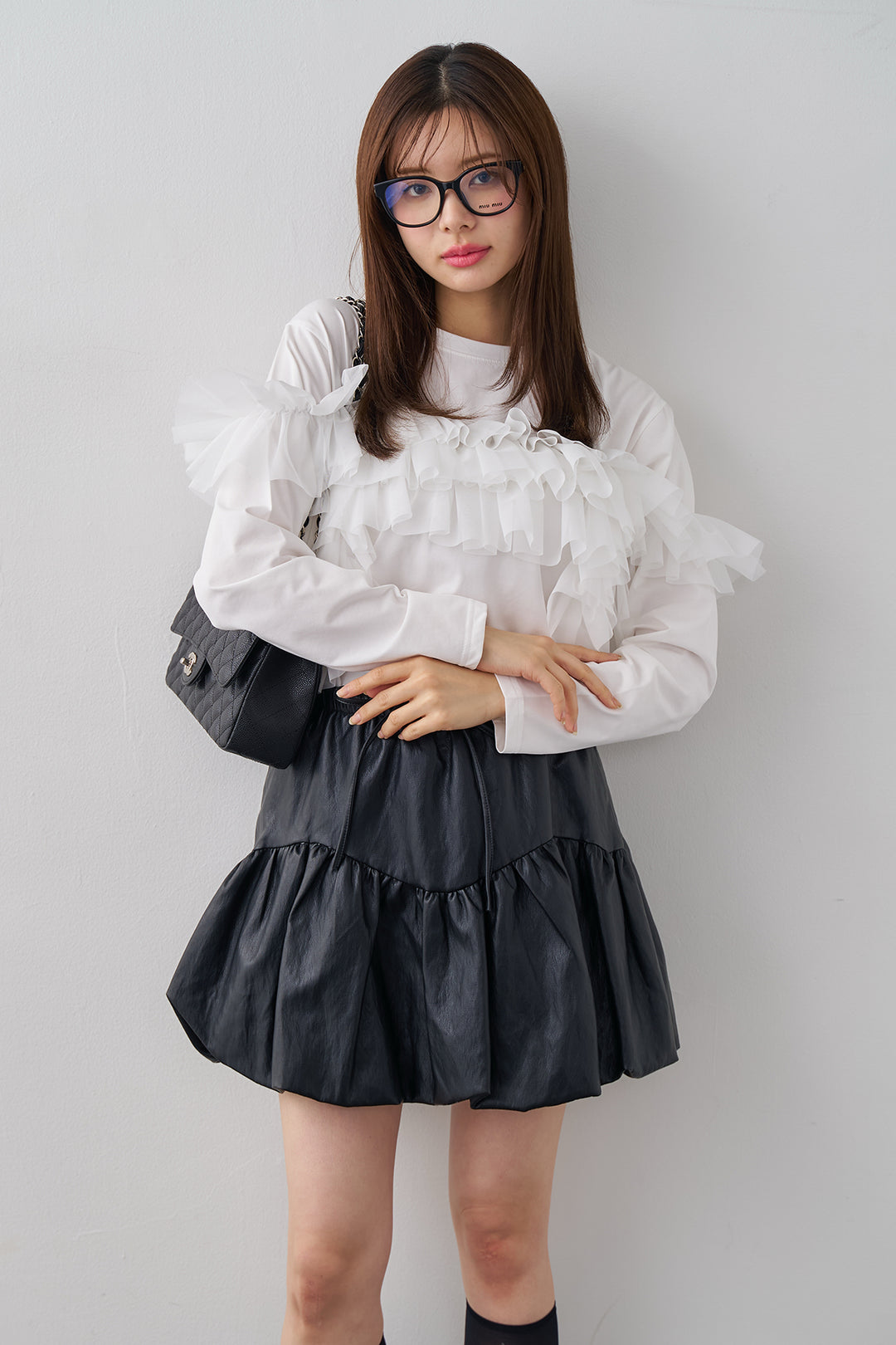 [予約/SET]マルチwayフリルカットトップス+フェイクレザーティアードバルーンミニスカート(2set)