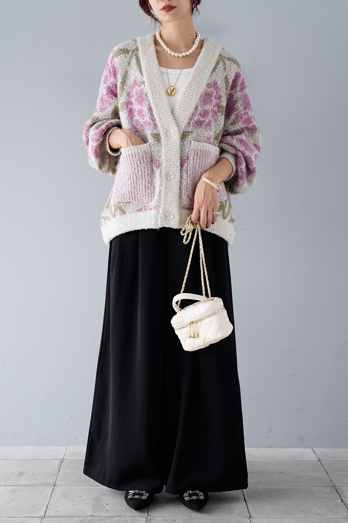 予約/SET]ブークレジャガードフラワーニットカーデ+ベルトデザイン