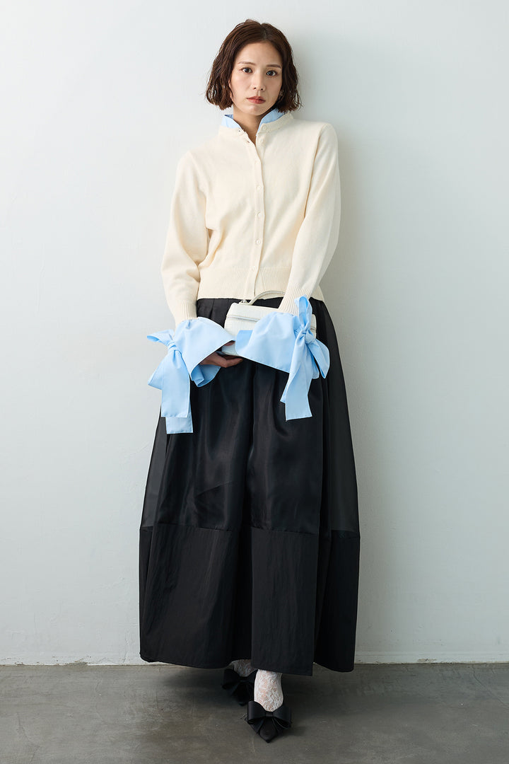 [予約/SET]BIGリボンカフスデザインニットドッキングカーデ+オーガンジー×タフタコクーンスカート(2set)