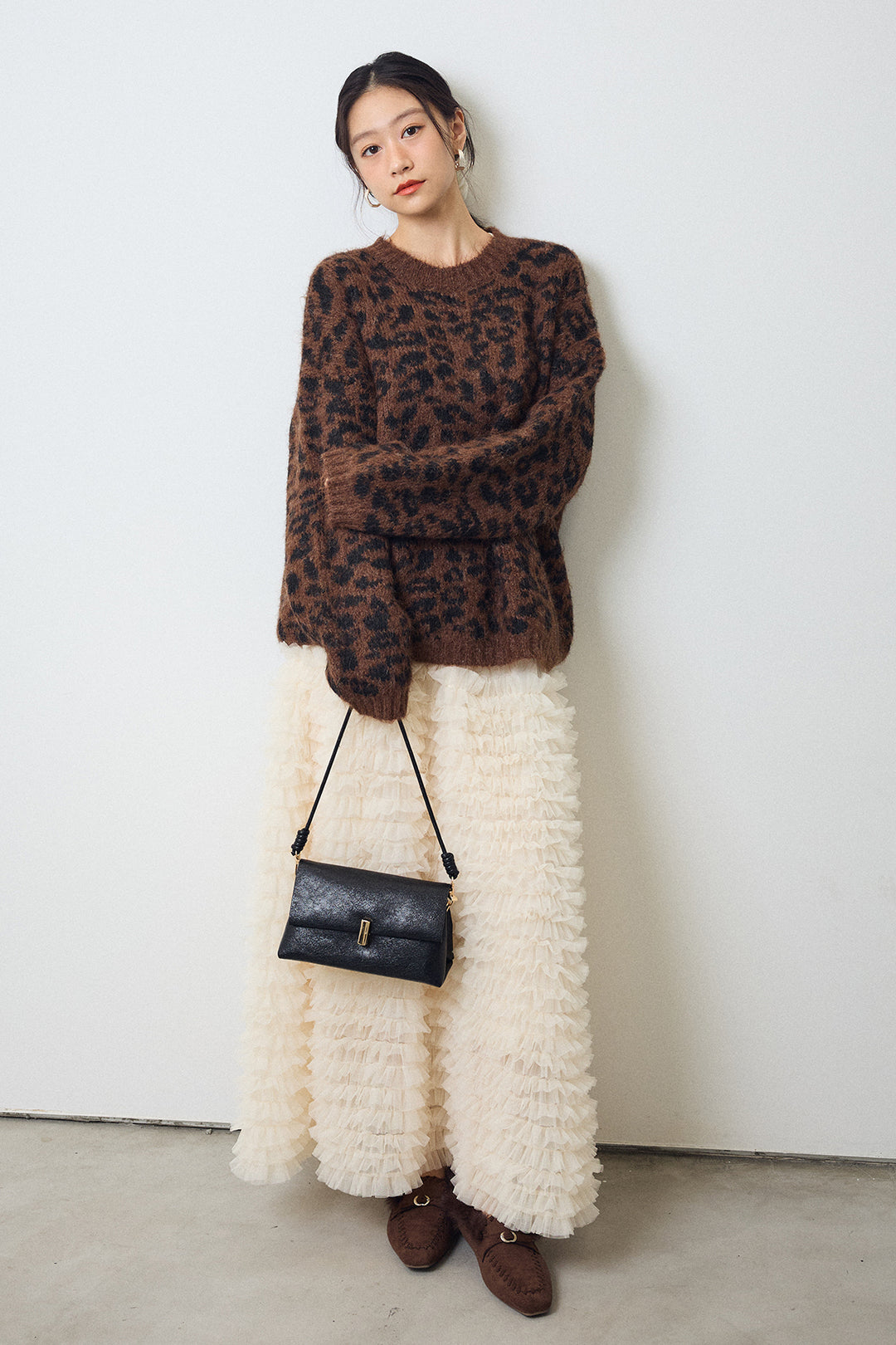 [予約/SET]レオパードクルーネックニットプルオーバー+ホイップチュールティアードスカート(2set)