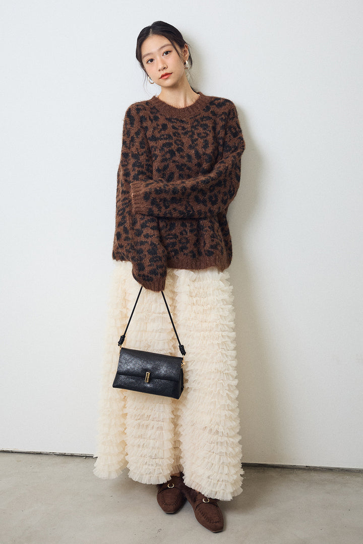[予約/SET]レオパードクルーネックニットプルオーバー+ホイップチュールティアードスカート(2set)