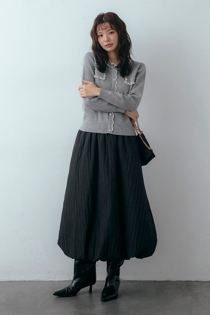[予約/SET]ビジューパールデザインニットカーデ+ソフトキルトバルーンスカート(2set)