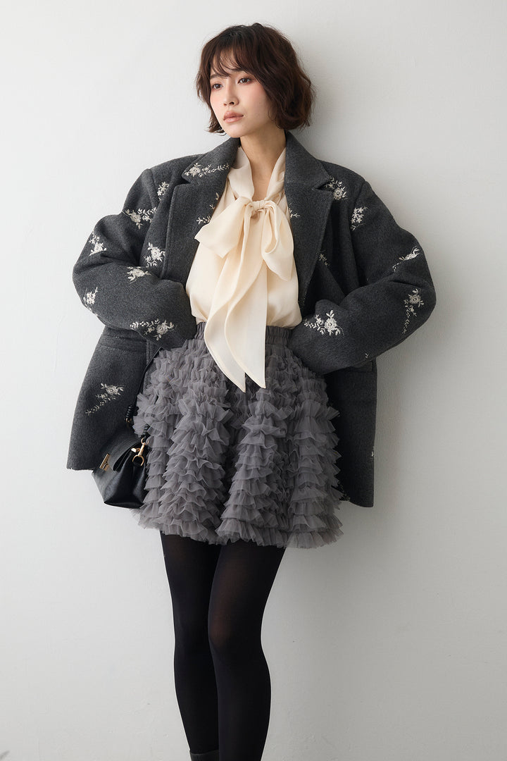 [予約/SET]フラワーエンブロイダリーモッサジャケット+ホイップチュールミニ丈スカート(2set)
