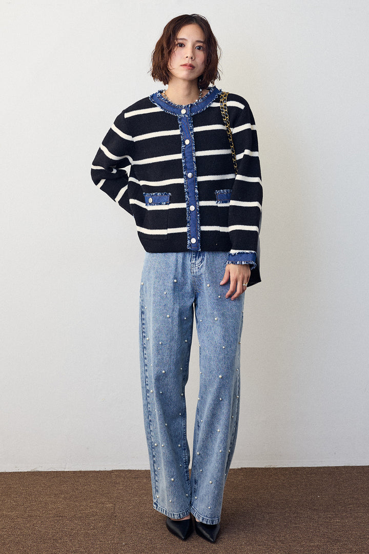 [予約/SET]デニムドッキングマルチパターンカーデ+パールスタッズストレートハイウエストデニム(2set)