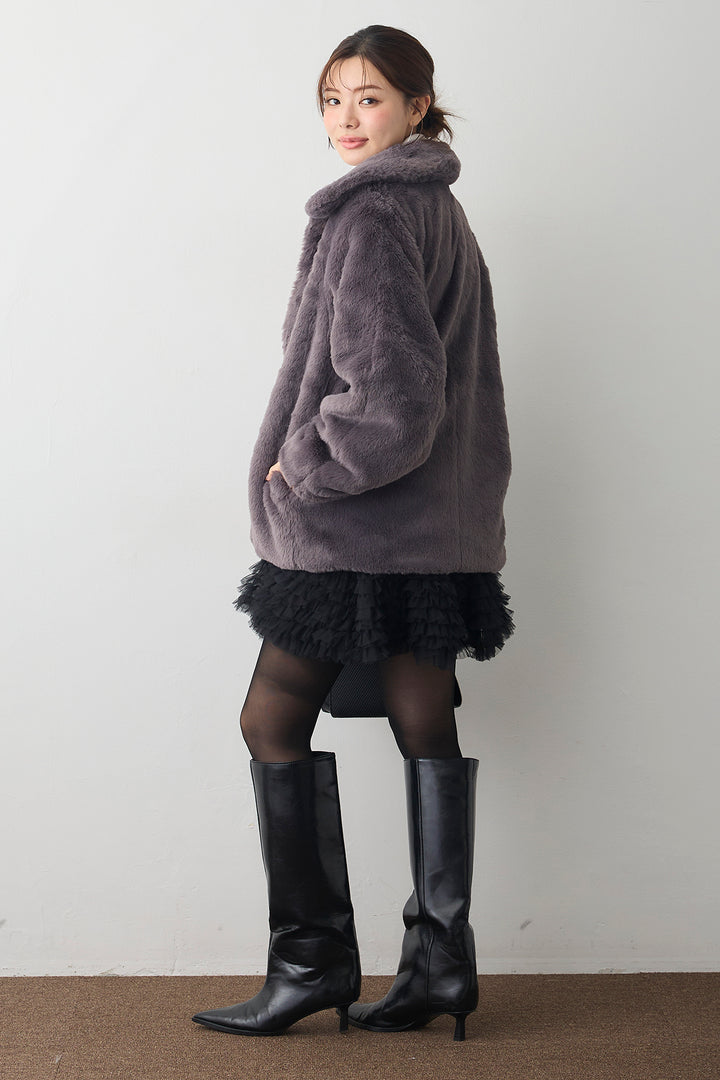 [予約/SET]ビット付きフェイクファーコート+ホイップチュールミニ丈スカート(2set)