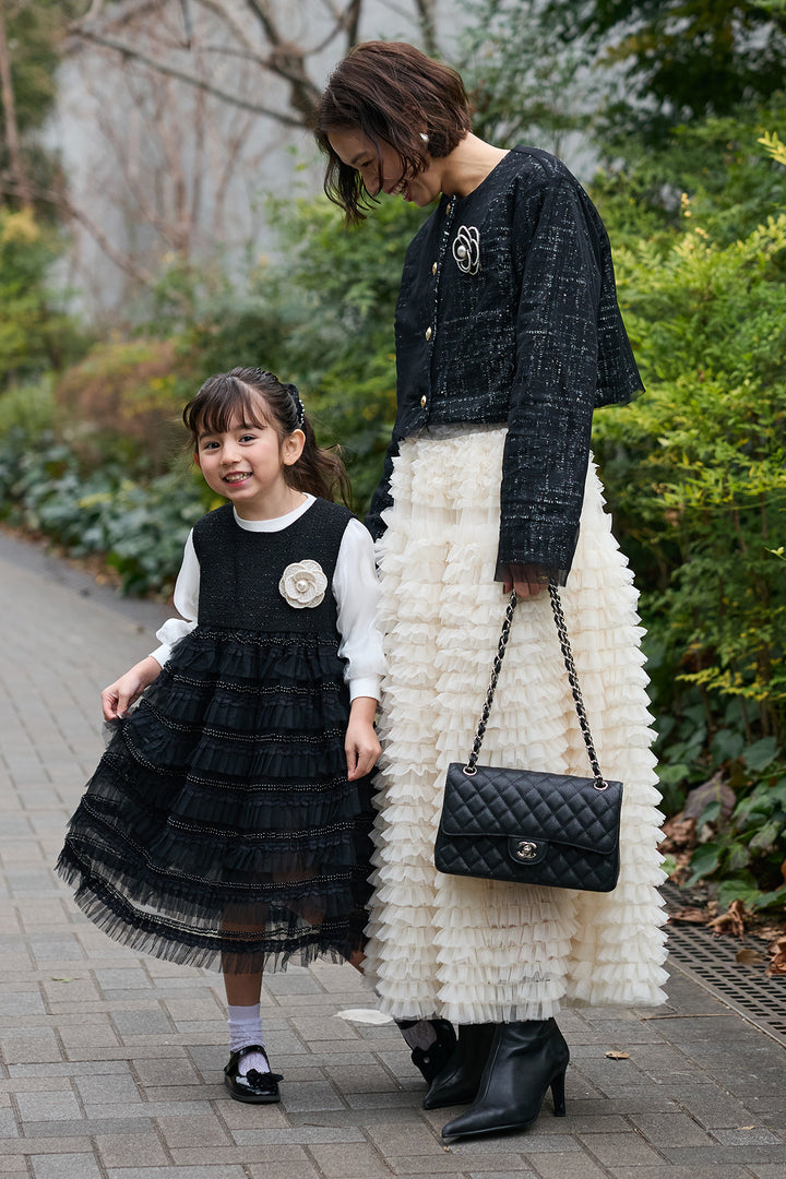 [予約/親子SET][kids]ティアードプリーツパールワンピセット+ツイード×チュールレイヤードクロップドジャケット+ホイップチュールティアードスカート(3set)