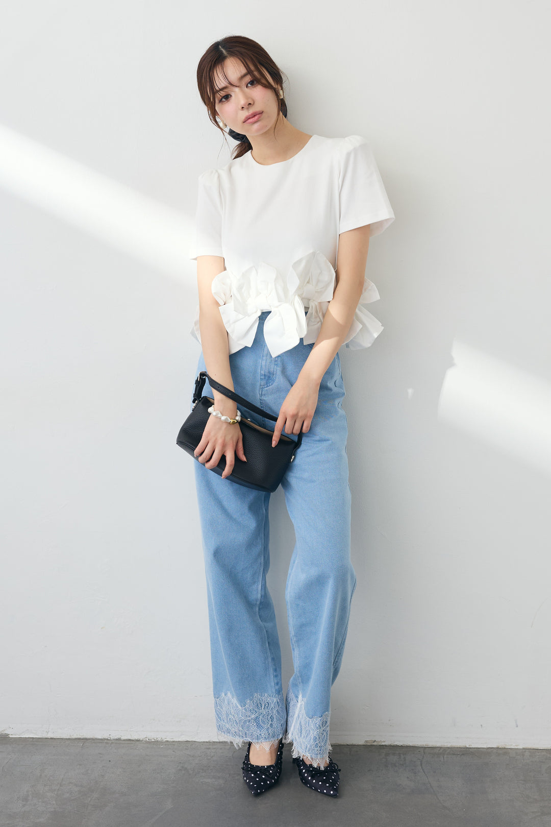 [予約/SET]リボンヘムデザインTシャツ+【接触冷感】ヘムレースデニムパンツ(2set)