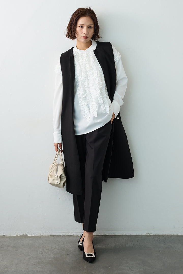 [予約/SET]Iラインフリルホイップブラウス+ポケットパール付きボンディングロングベスト(2set)