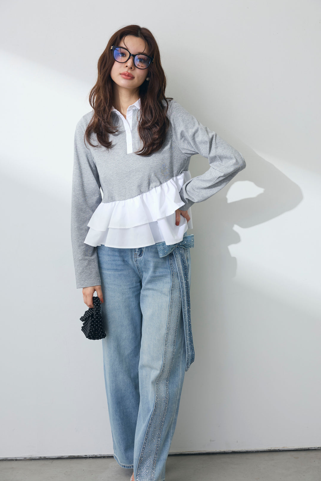 [予約]サイドリボンストーンデザインデニムパンツ