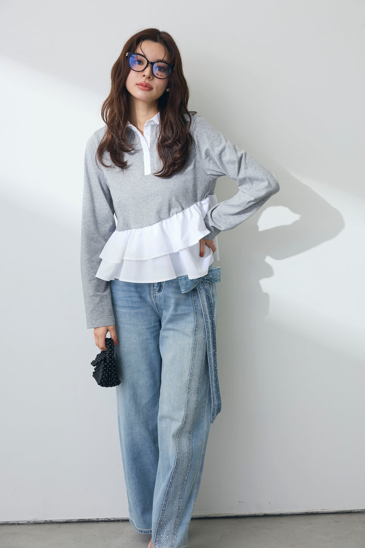 [予約]サイドリボンストーンデザインデニムパンツ