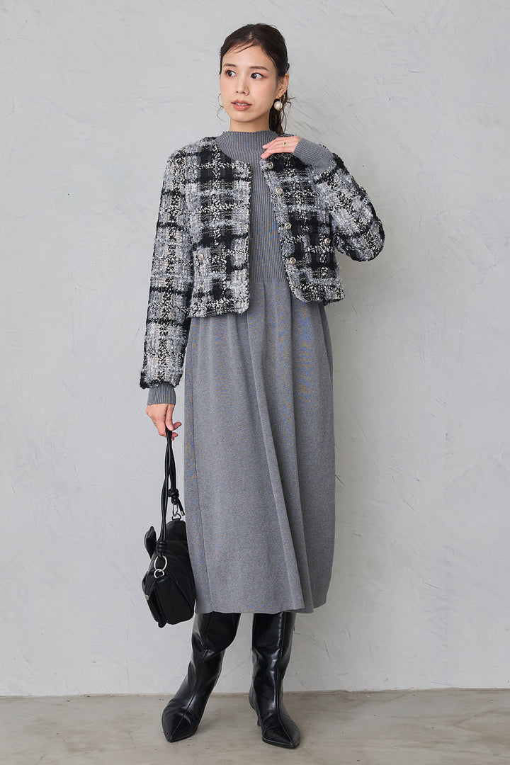 [予約/SET]ツイードチェッククロップドジャケット+リブセミフレアニットワンピース(2set)