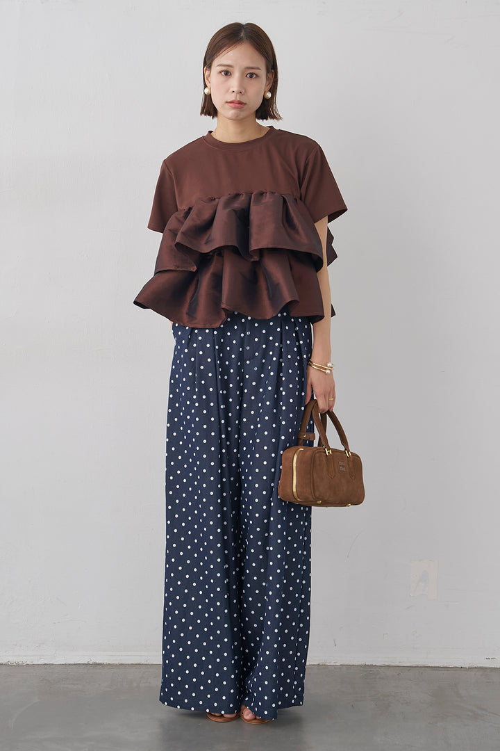 [予約/SET]ナイロンフリルドッキングTシャツ+ハイウエストドットデニムパンツ(2set)