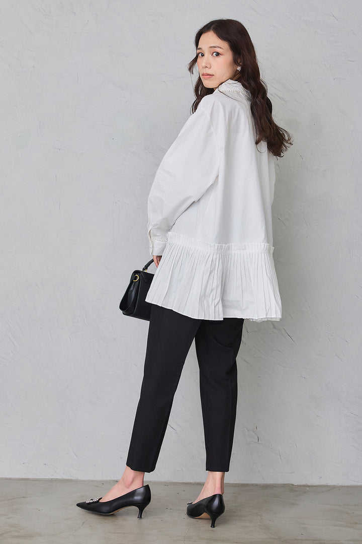 [予約/SET]パールライン襟×プリーツシャツ+タックテーパードパンツ(2set)