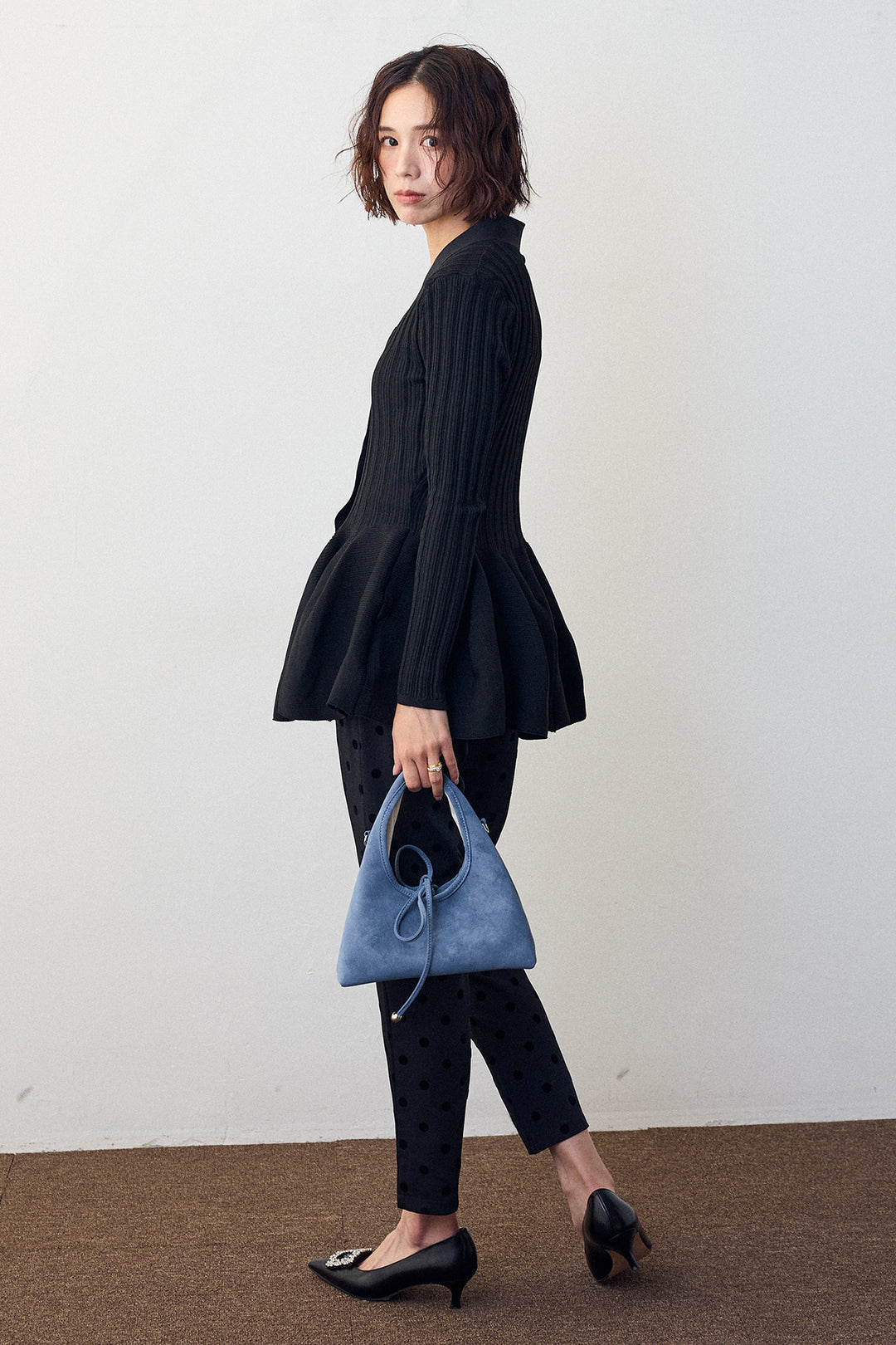 [予約/SET]リブ美ラインペプラムニット+ドット柄センターラインテーパードパンツ(2set)