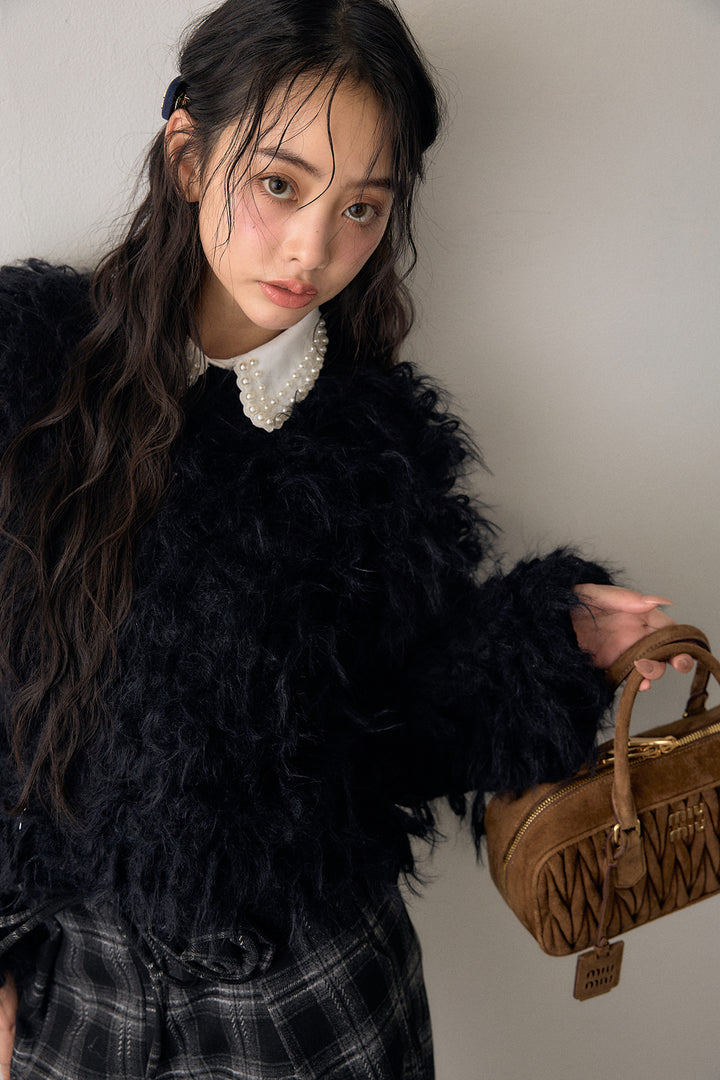 [予約/SET]2連パール付け襟+ループシャプルオーバーニット+クラシカルチェックフラワーモチーフ付きパンツ(3set)