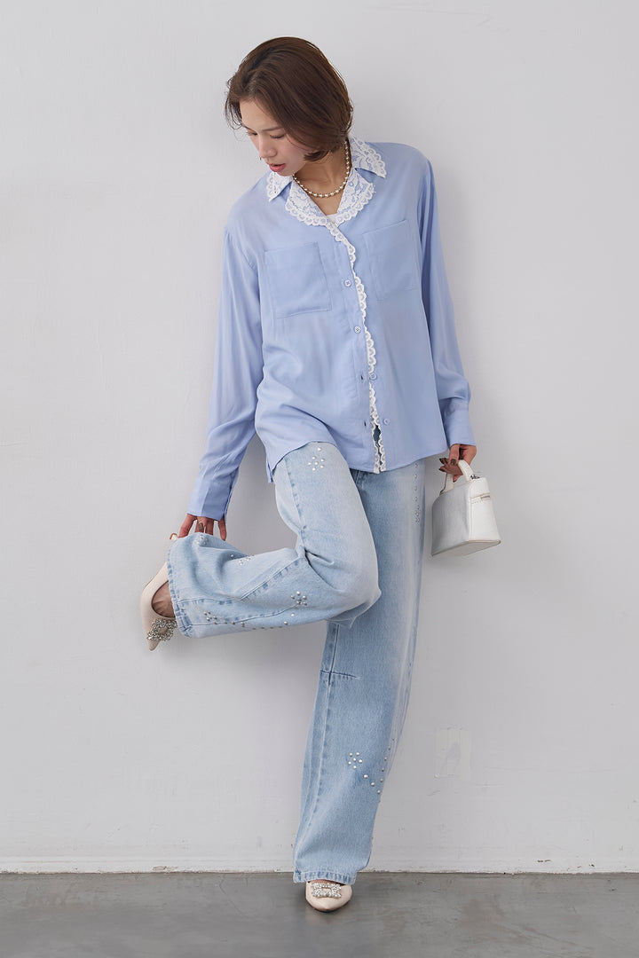 [予約/SET]クラシックレーストリムブラウス+スタッズアシメカーブデニムパンツ(2set)