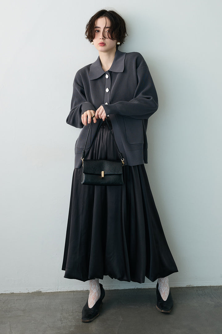 [予約/SET]メタルボタン襟付きニットカーディガン+サテンシャイニーバルーンスカート(2set)