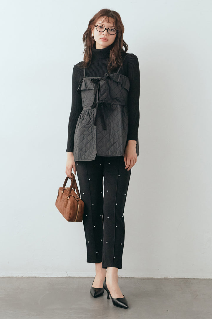 [予約/SET]ベーシックリブタートルニット+ダイヤキルトキャミビスチェ+センターシームランダムパールパンツ(3set)