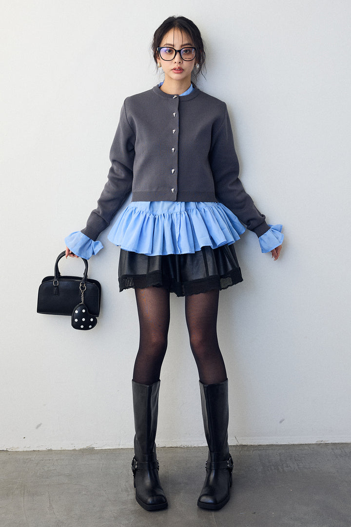 [予約/SET]フリルヘムスリーブブラウス+メタルボタンベーシックカーデ+レザーライクフレアショートパンツ(3set)