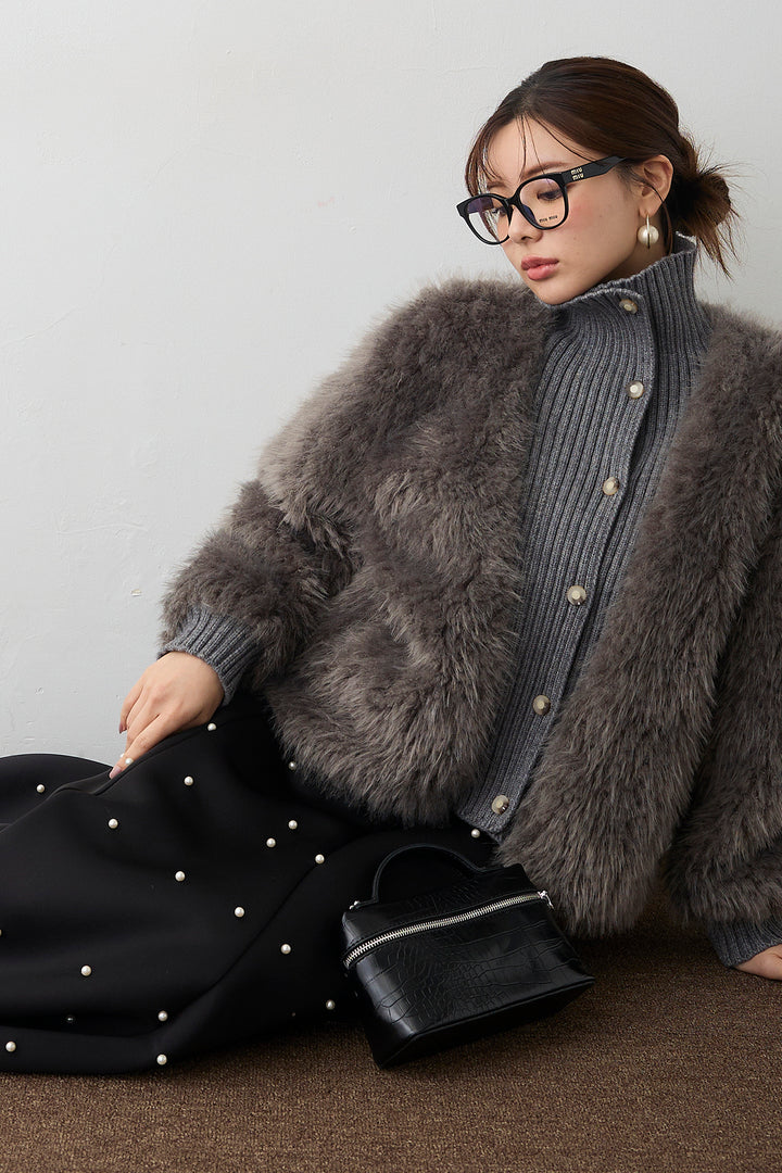 [予約/SET]シャギーファー×リブニットミックスジャケット+マルチパターンボンディングフレアスカート(2set)