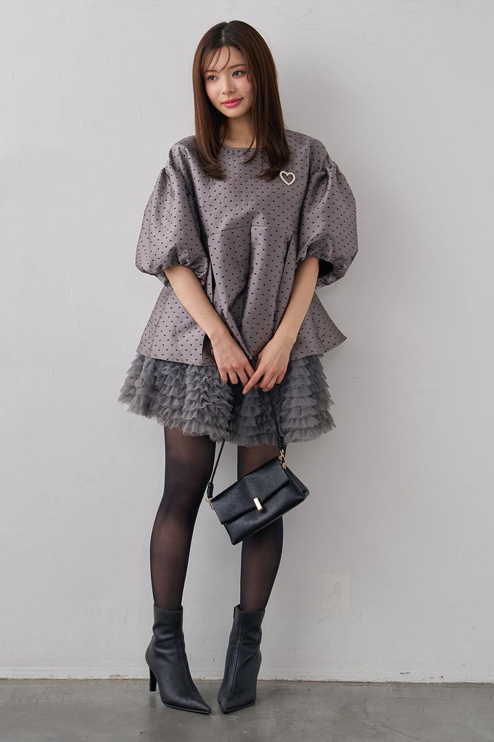 [予約/SET]ハートブローチ付ドットジャガードブラウス+ホイップチュールミニ丈スカート(2set)