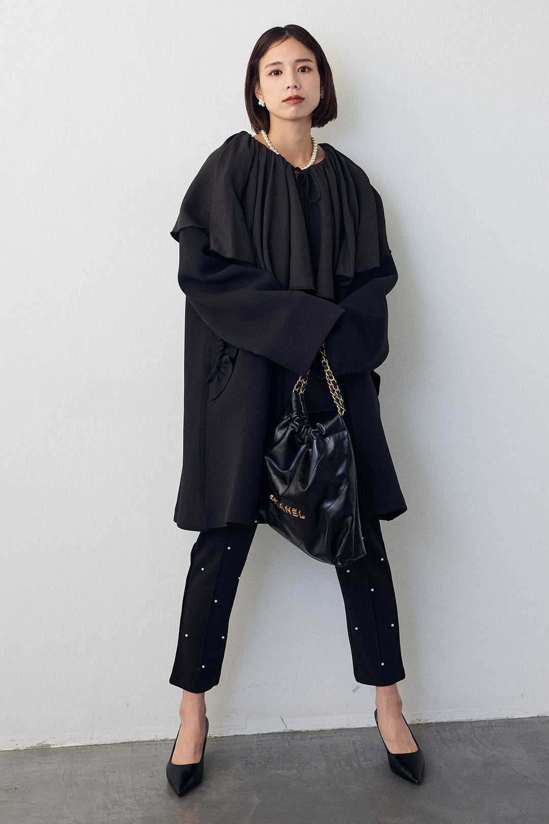 [予約/SET]BIGフリルカラーブラウス+フリルポケットボンディングノーカラーコート(2set)