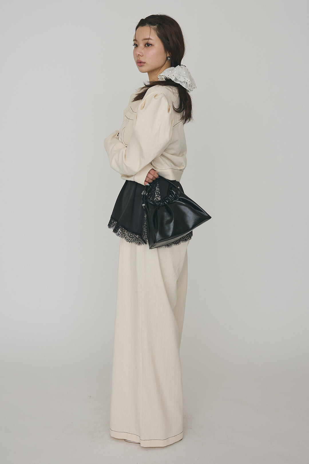 [予約/SET]ステッチパフスリーブクロップドジャケット+ステッチデザインハイウエストデニムパンツ(2set)