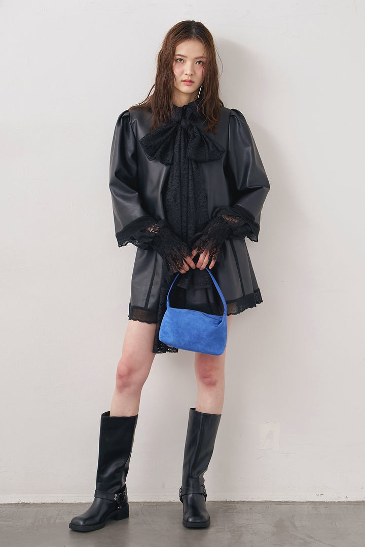 [予約/SET]クラシカルレースボウタイブラウス+フェイクレザーパフスリーブジャケット+レザーライクフレアショートパンツ(3set)