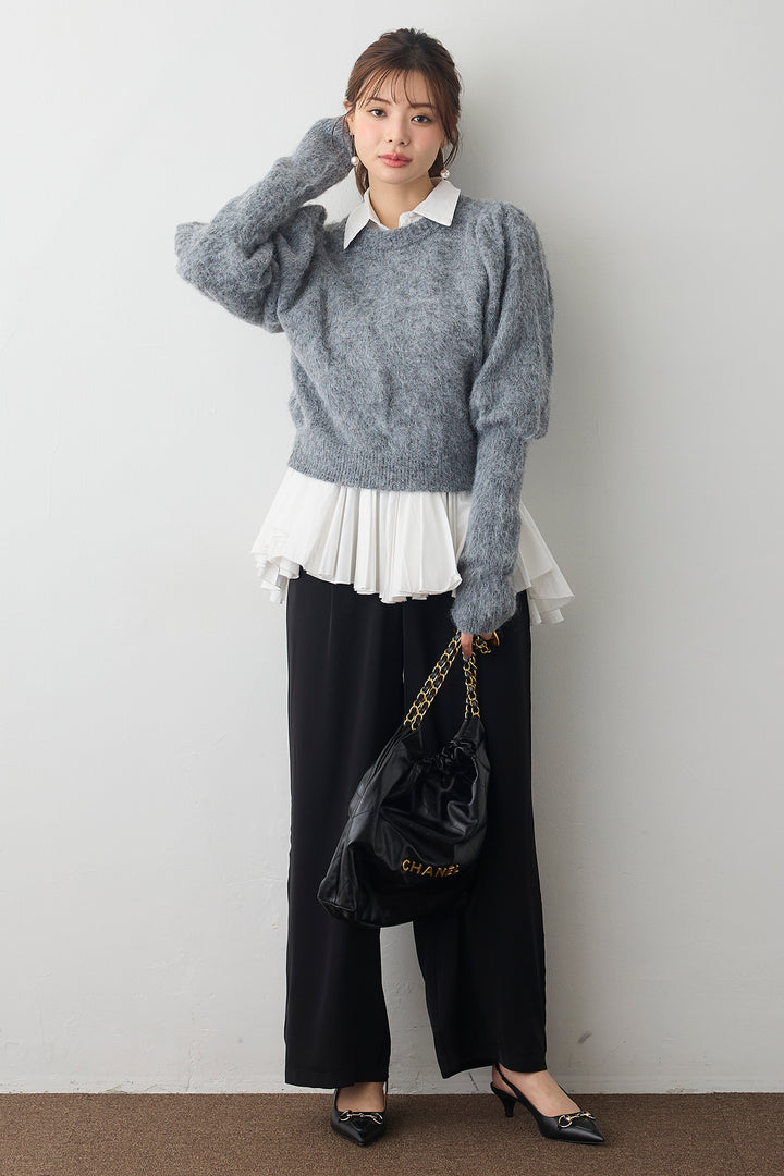 [予約/SET]モヘアパフスリーブプルオーバー+パネルフレアヘムシャツ+とろみドロストワイドパンツ(3set)