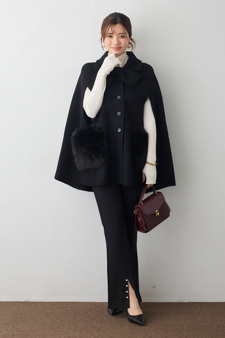 [予約/SET]ウールタッチファーポケットポンチョコート+センタースリットパールパンツ(2set)