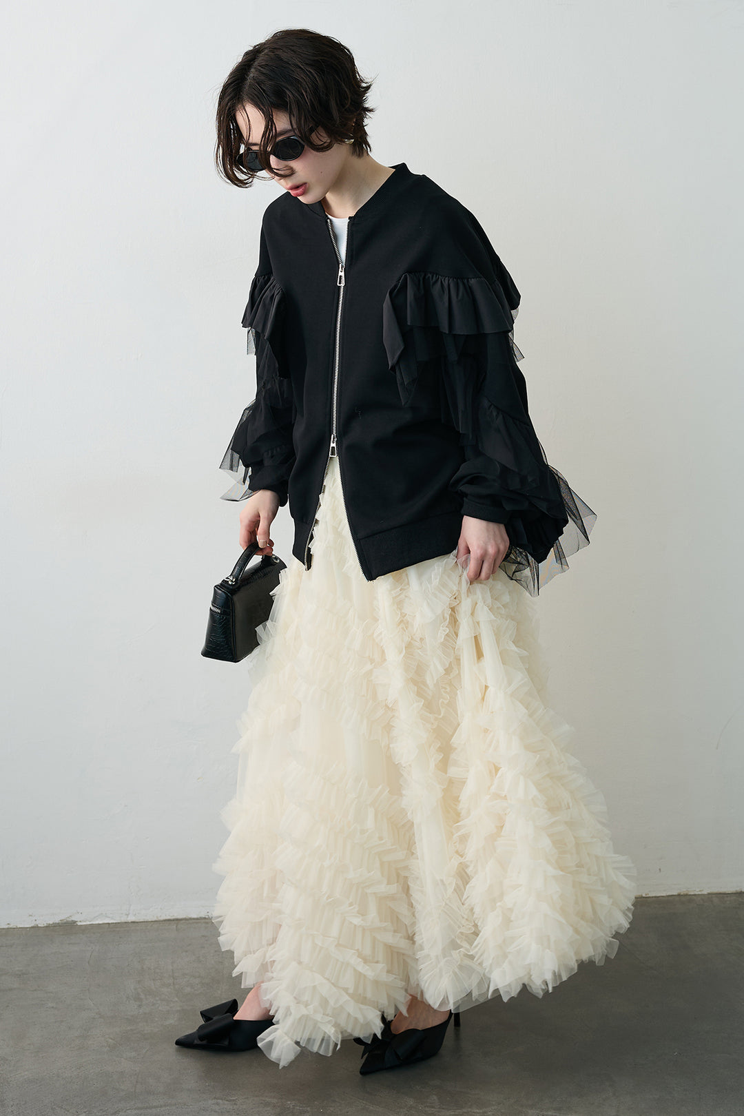 [予約/SET]フリルデザインダブルジップブルゾン+スフレアシメチュールスカート(2set)