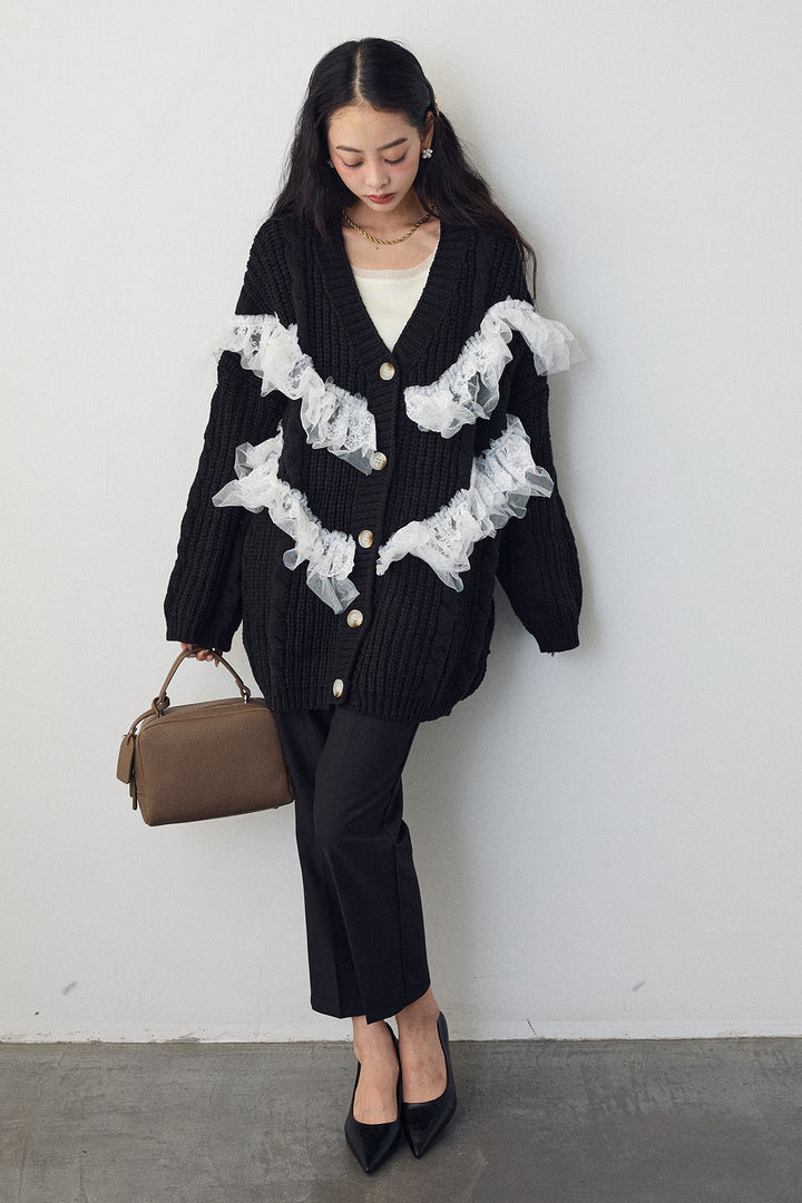 [予約/SET]ラッフルレースドッキングニットBIGカーデ+タックテーパードパンツ(2set)