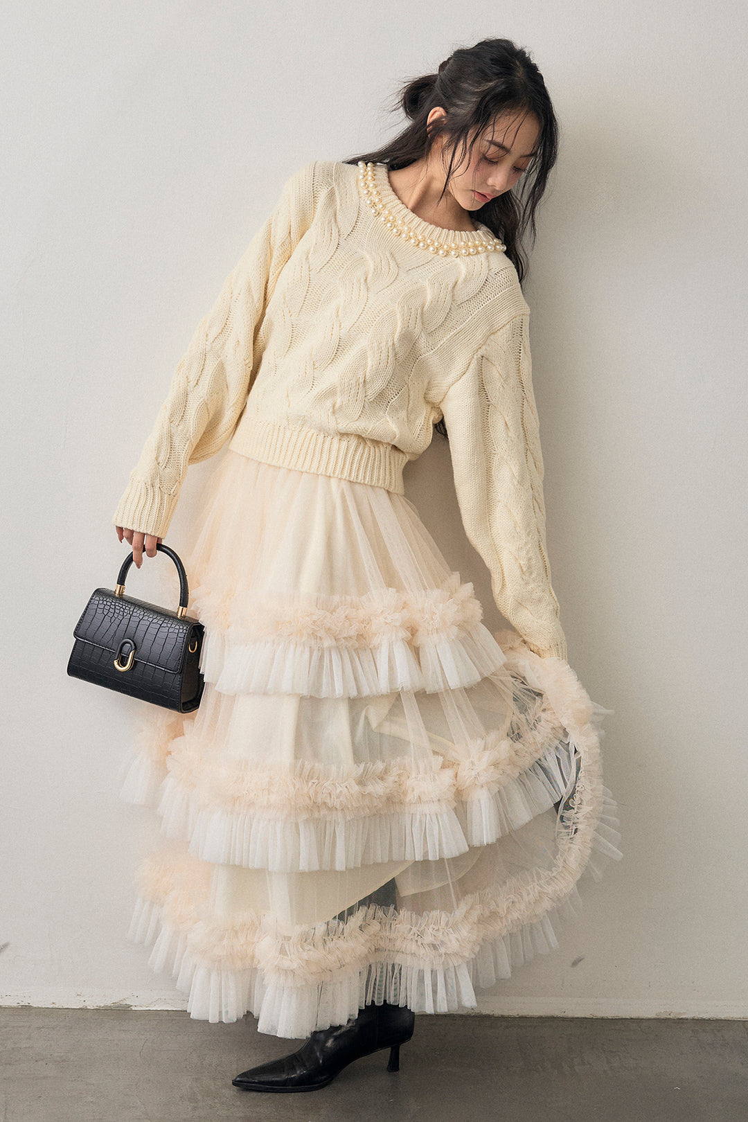 [予約/SET]ネックパールケーブル編みニット+配色フリルティアードロマンティックスカート(2set)