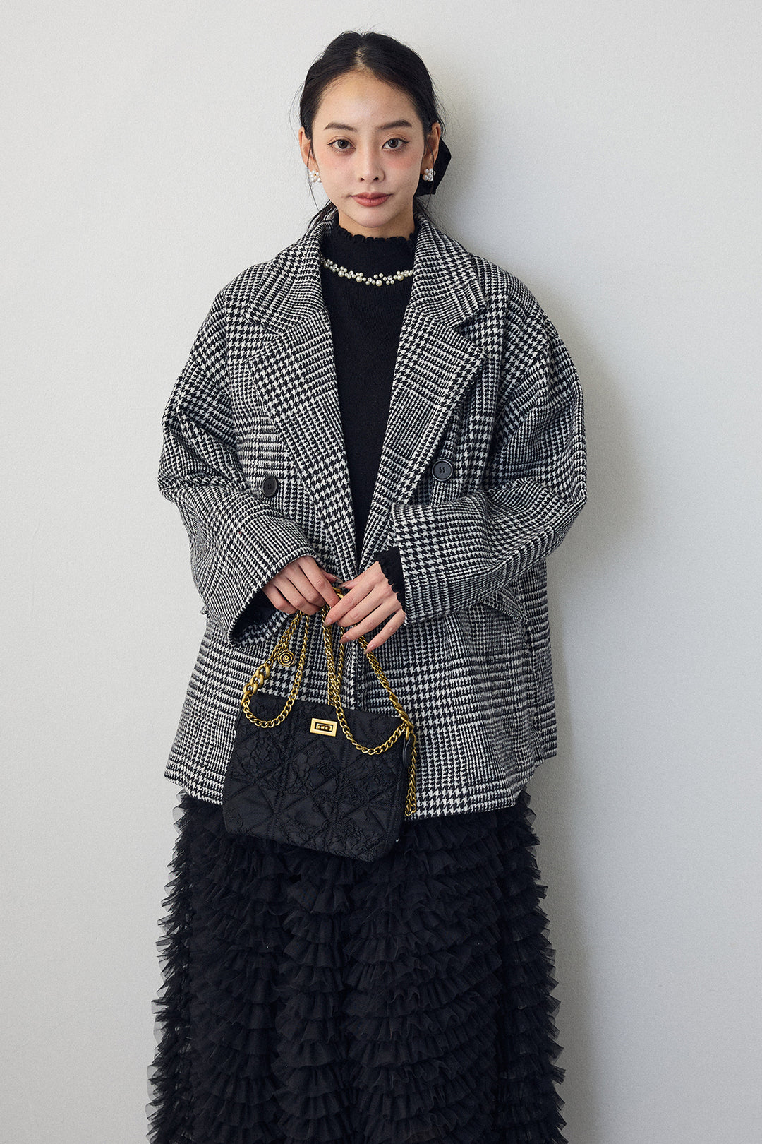 [予約/SET]チェック柄ボクシーコート+ホイップチュールティアードスカート(2set)