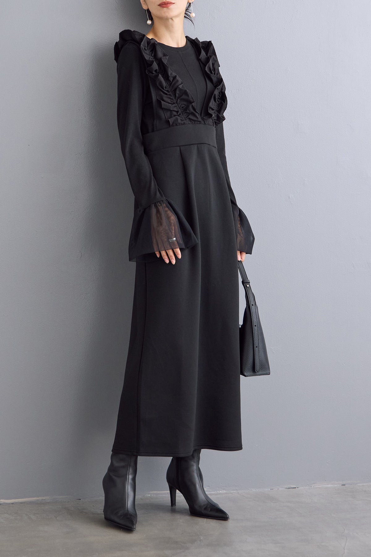 予約/SET]チュールシアーカフスリブニット+異素材フリル