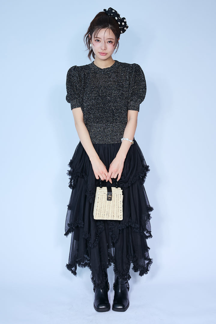 [予約/SET]ラメ混パフスリーブハーフスリーブニット+ムードチュールフリルスカート(2set)