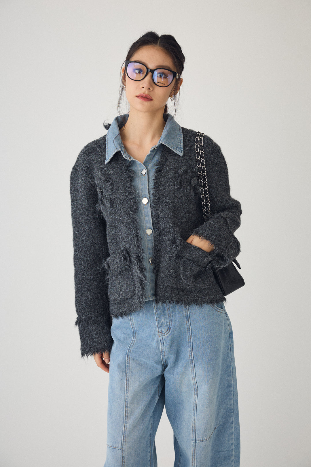 [予約]デニムシャツドッキングツイードカーデ