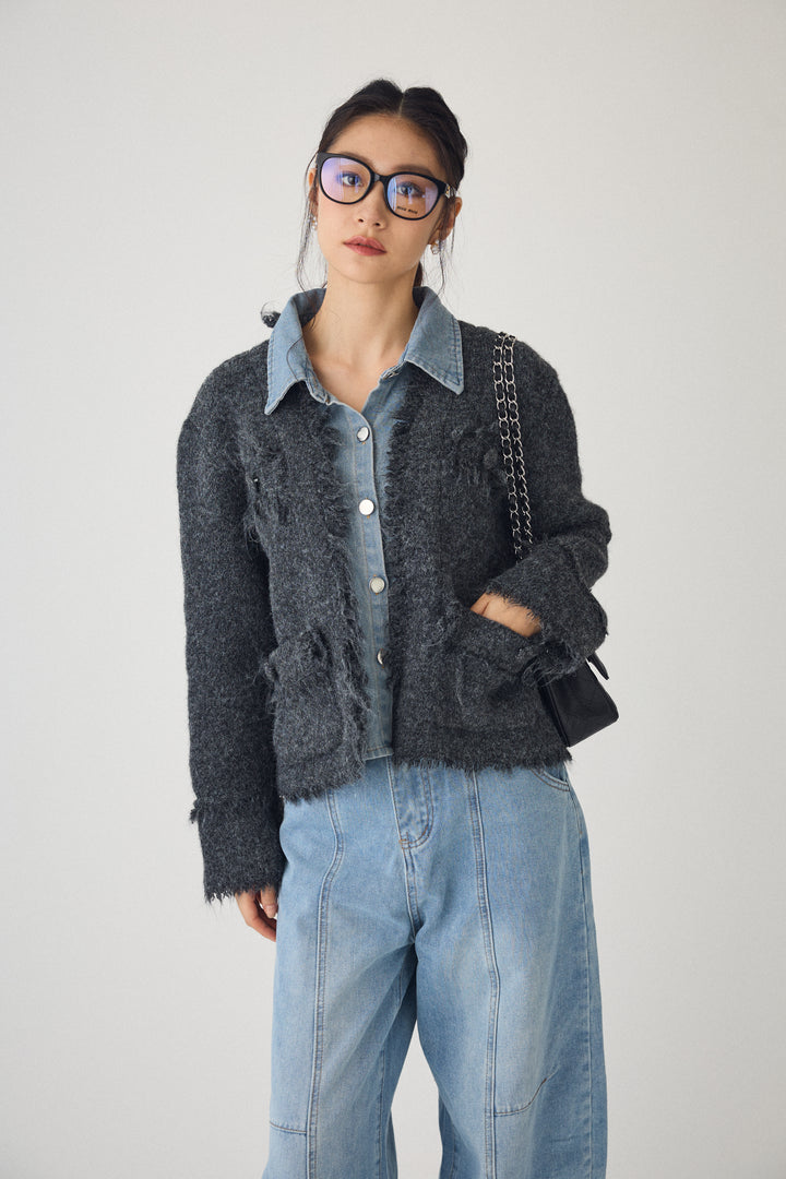 [予約]デニムシャツドッキングツイードカーデ