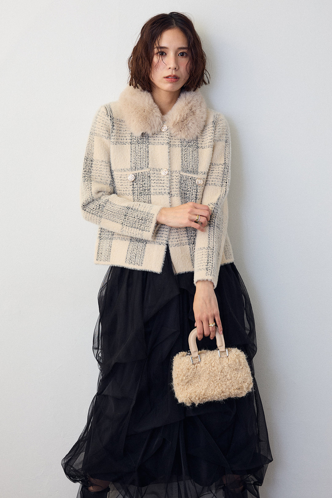 [予約/SET]チェック柄ファー襟コーディガン+マルチパターンタックチュールスカート(2set)