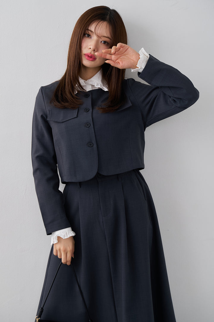[予約/SET]ミニフリル襟ボリュームスリーブブラウス+ノーカラークロップドジャケットスカートセット(2set)