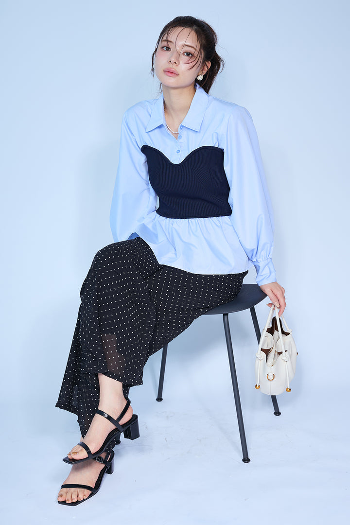 [予約/SET]ビスチェニットドッキングペプラムブラウス+シアードットリラックスパンツ(2set)