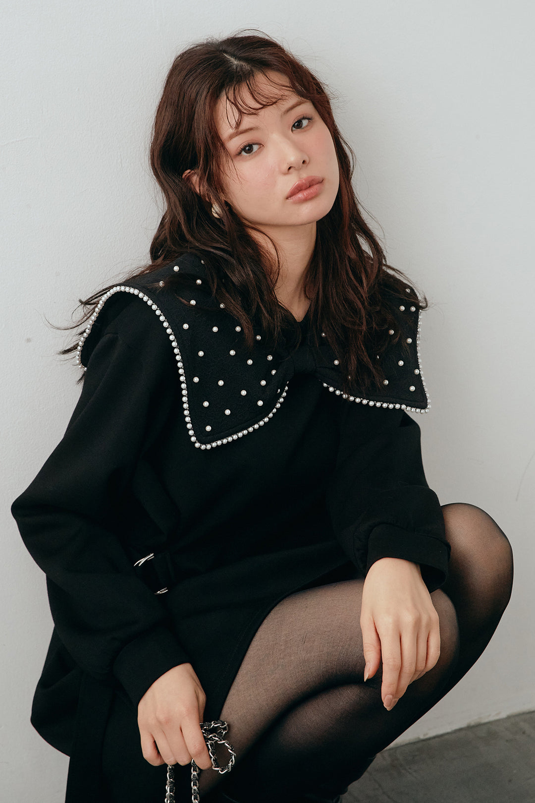 [予約]リボンパールモチーフウエストベルトミニワンピ