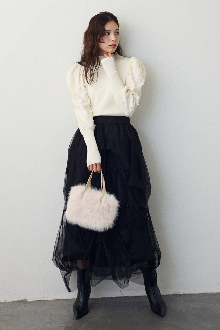[予約/SET]パフスリーブランダムパールニット+マルチパターンタックチュールスカート(2set)