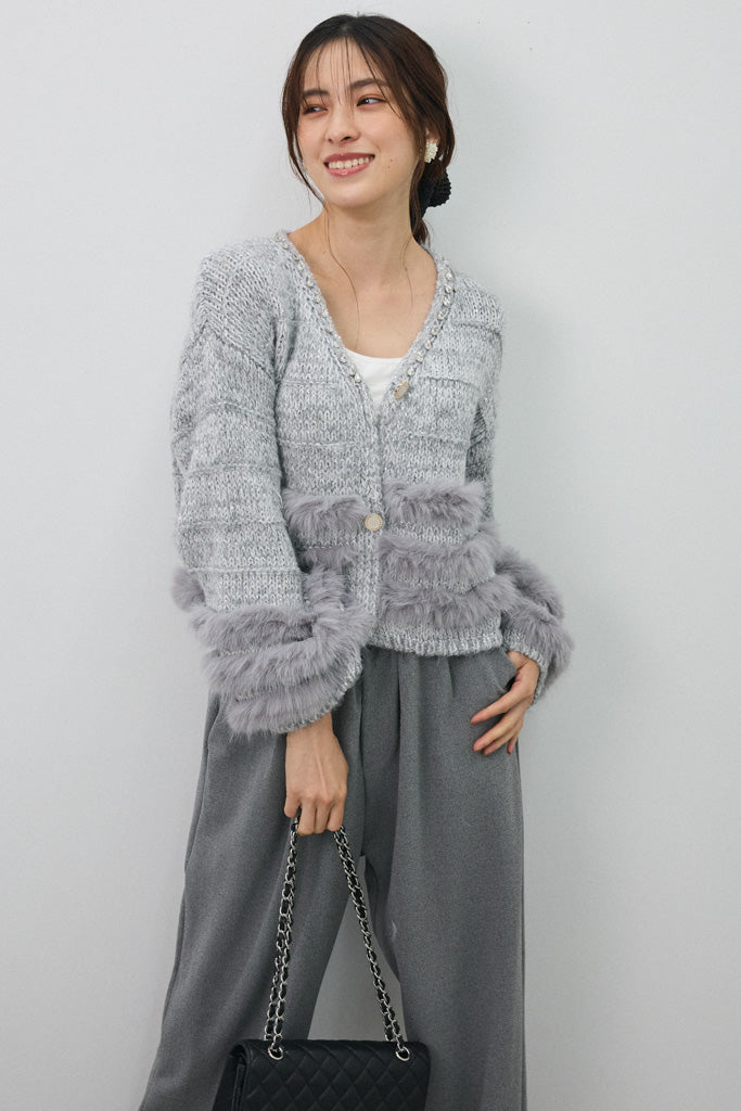 [予約]ネックビジューラインファーニットカーデ