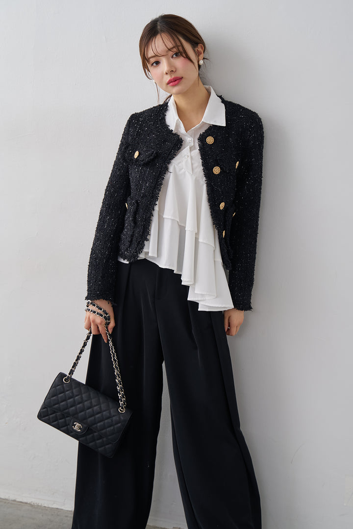 [予約/SET]フリンジツイードゴールドボタンジャケット+エステルツイルタックワイドカラーパンツ(2set)