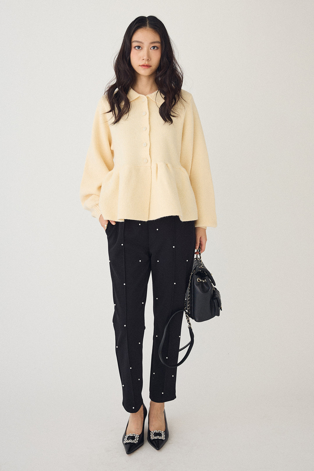 [予約/SET]ポロ襟ペプラムニットプルオーバー+センターシームランダムパールパンツ(2set)