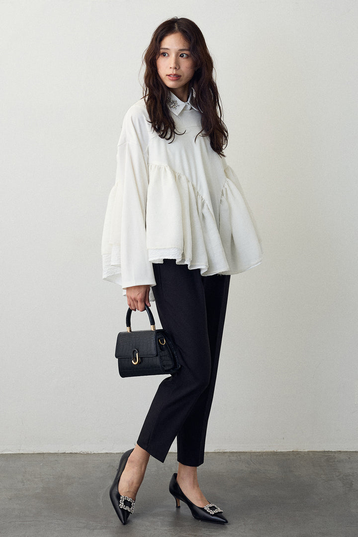 [予約/SET]フリルテール異素材切替チュニック+タックテーパードパンツ(2set)