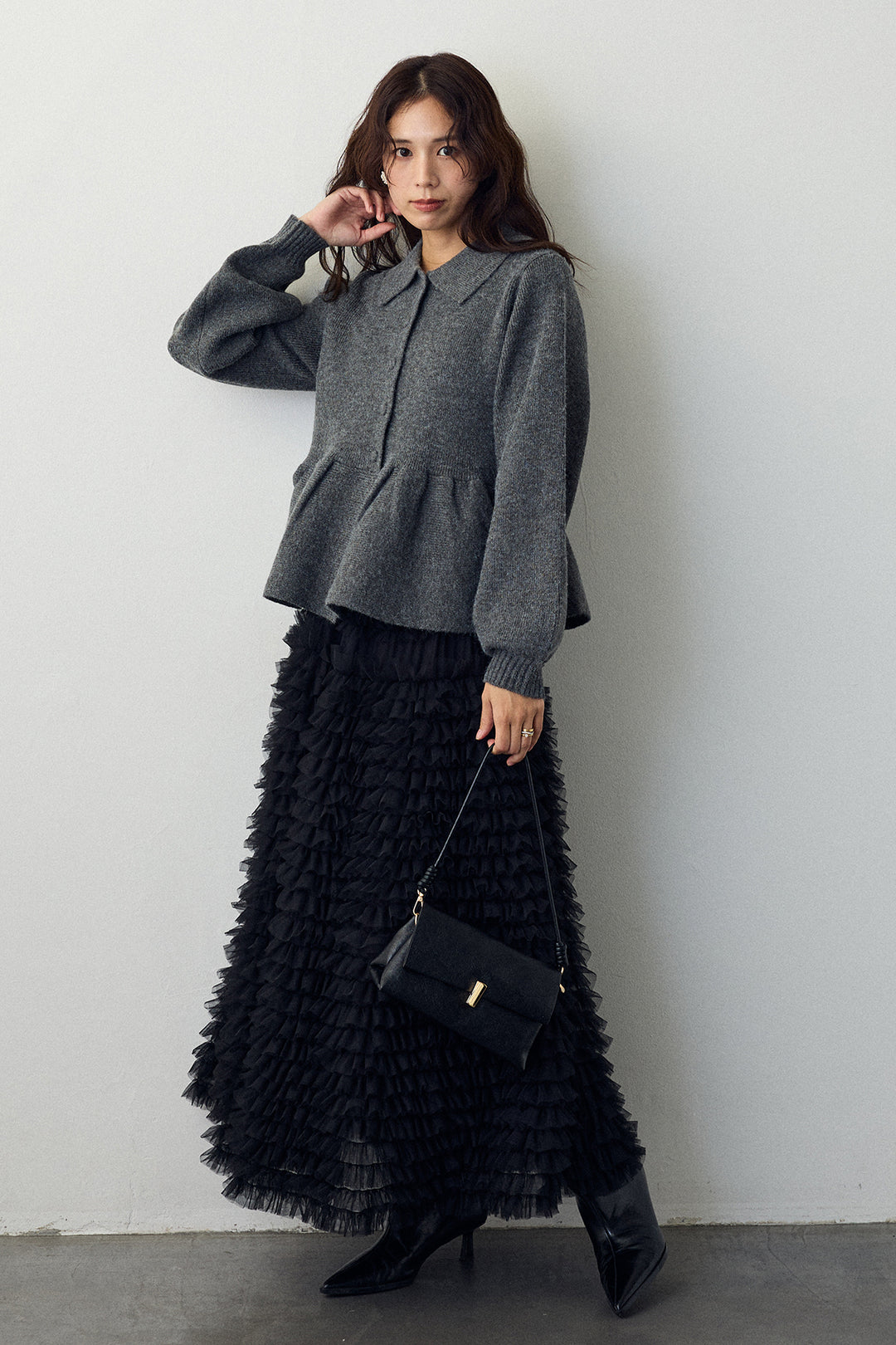 [予約/SET]ポロ襟ペプラムニットプルオーバー+ホイップチュールティアードスカート(2set)