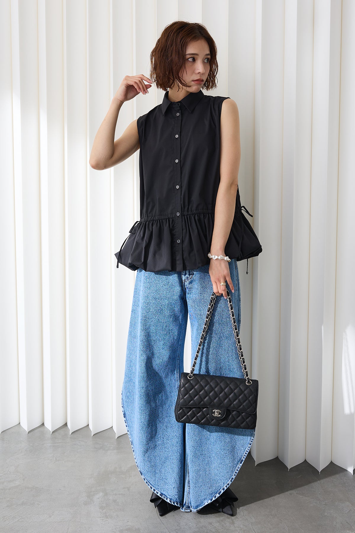 Frene ブラック フリル ノーカラージャケットのみ。ブラウスなし。 予約]バルーンヘムノースリブラウス – Frene