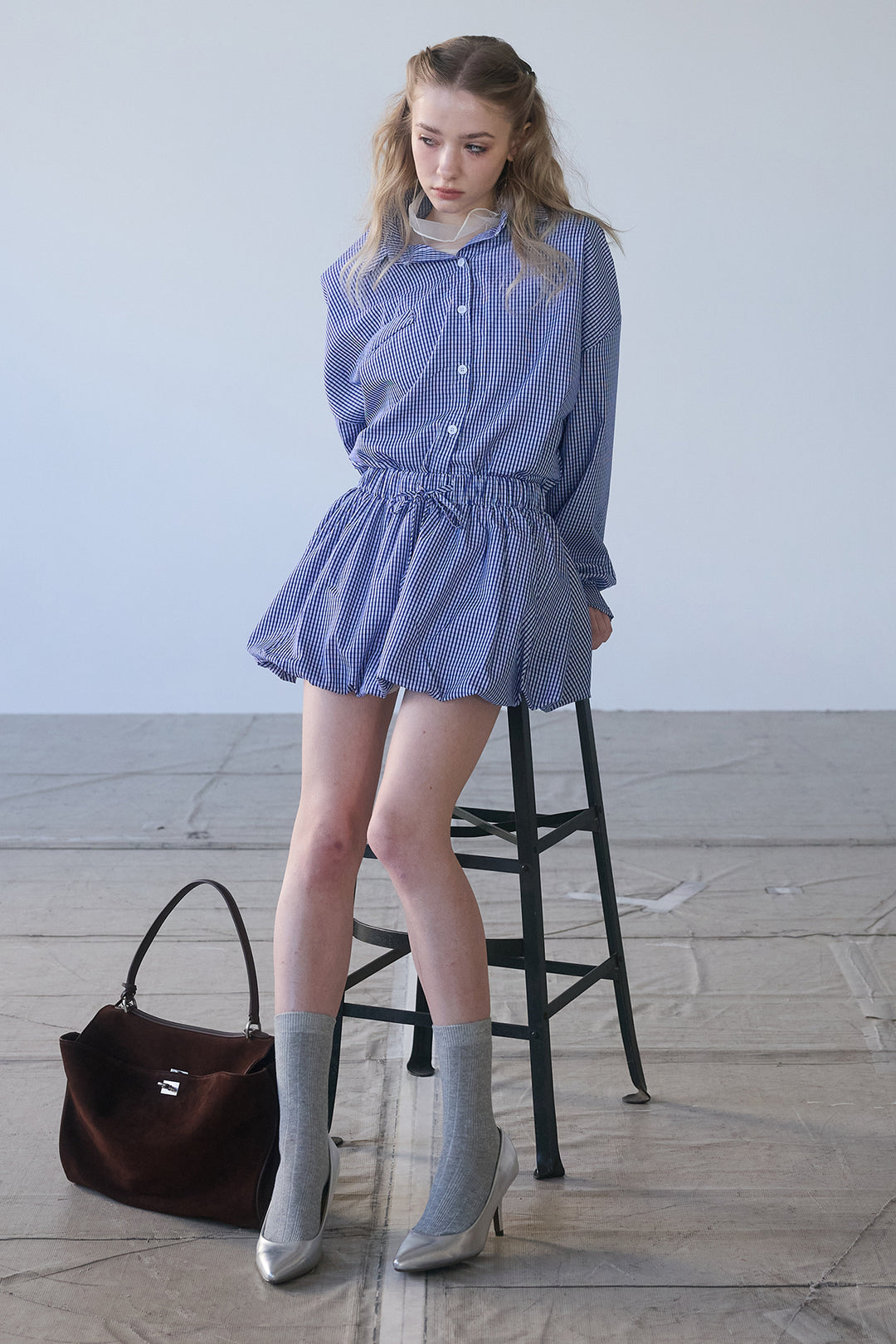 [予約/SET]ハイネックシアーフリルヘムトップス+ギンガムチェックバルーンミニボトムセットアップ(2set)